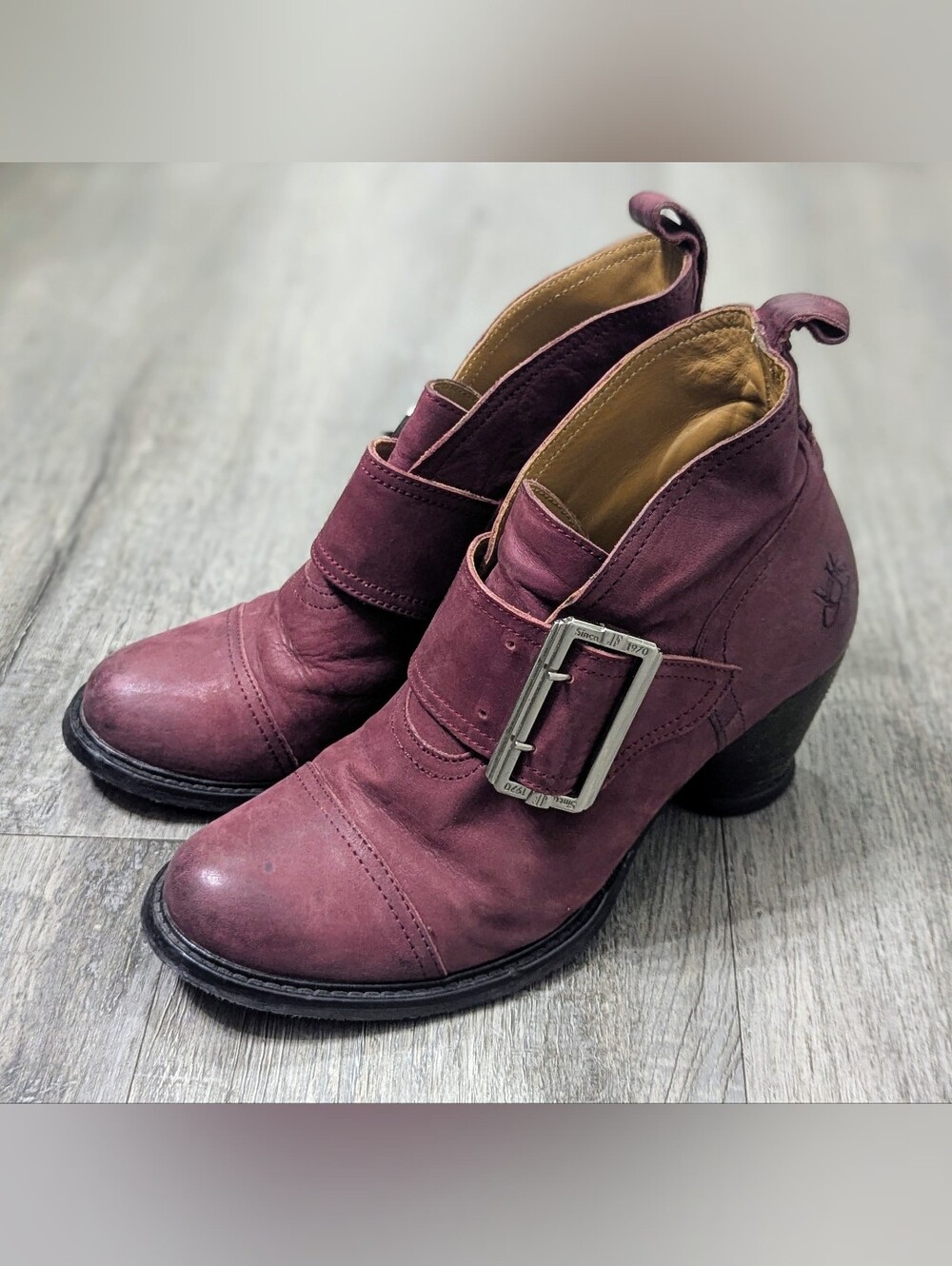 John Fluevog Women’s Burgundy Buckle Leather Ankle Boots